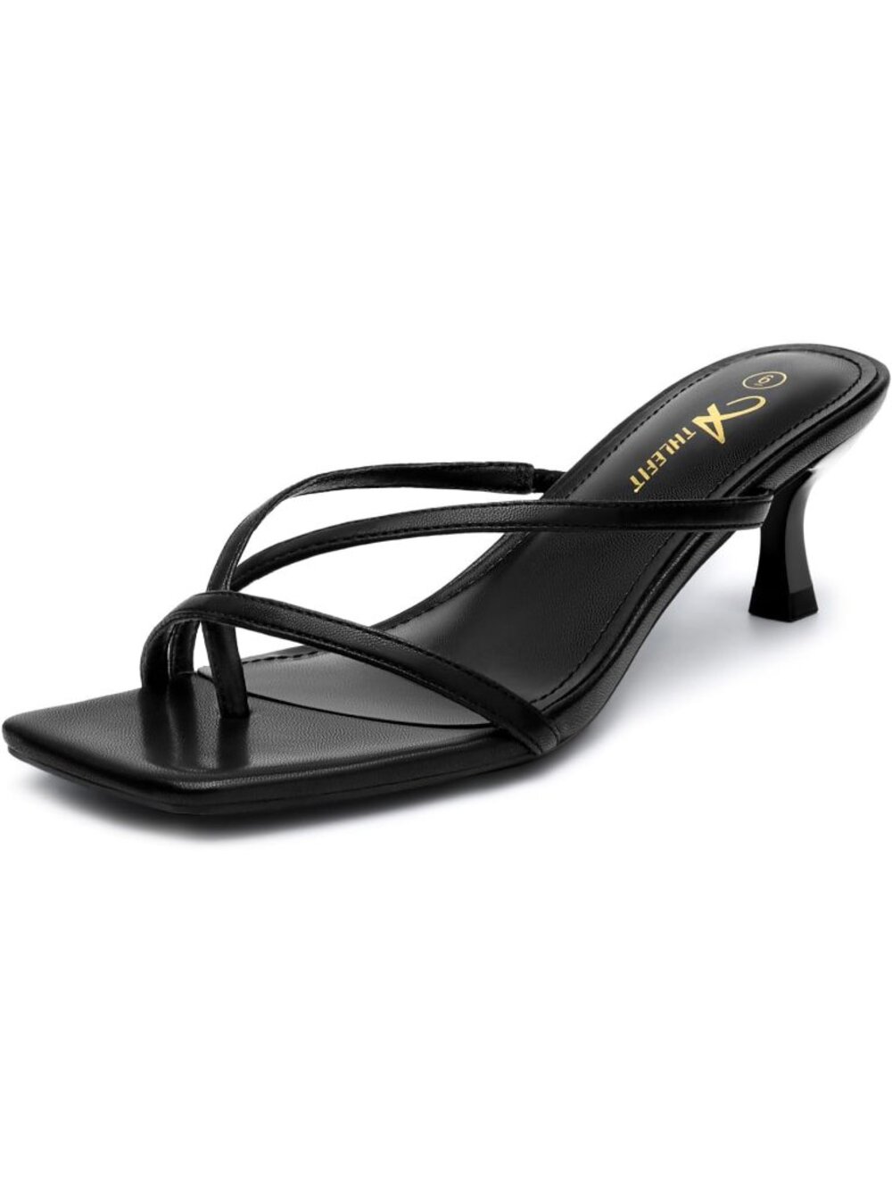 Women's Black Strappy Kitten Heels Flip Flops Square Open Toe Low Heels Fashion